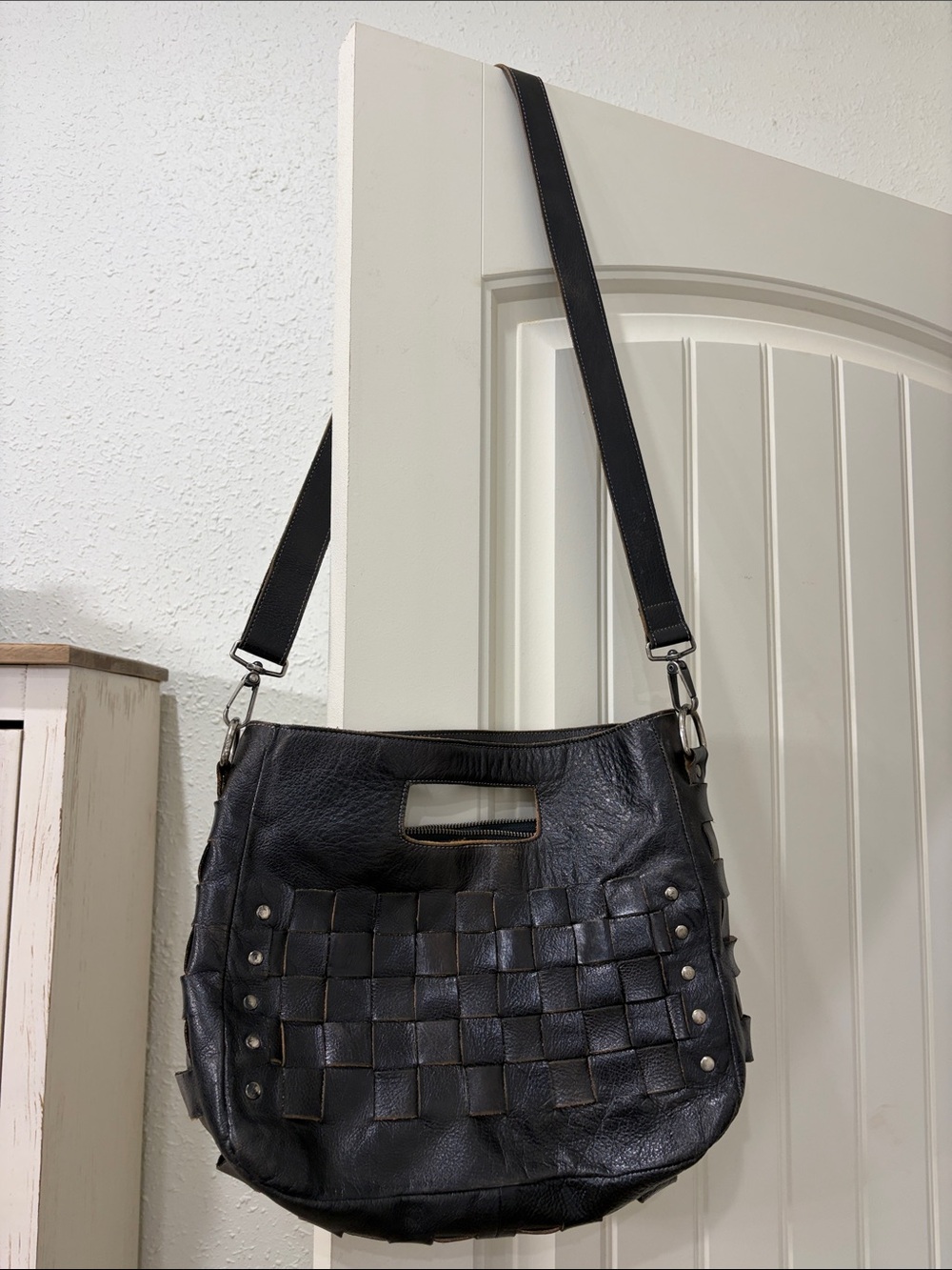 Bed Stu Black Woven Leather Crossbody Bag